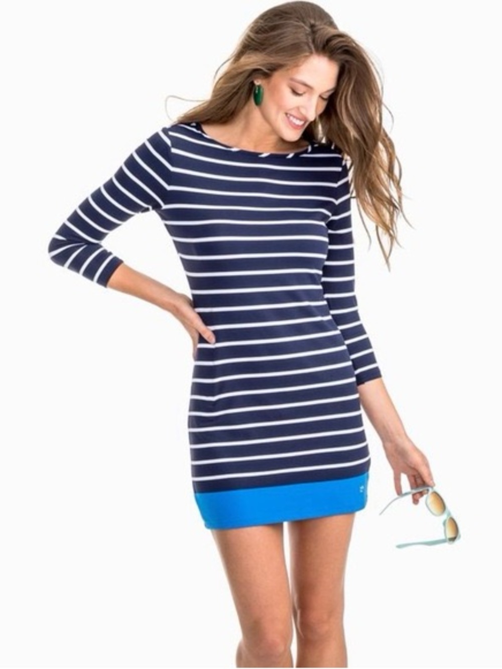 Southern Tide Navy & White Striped Boatneck Shift Dress with Pink Hem Size M